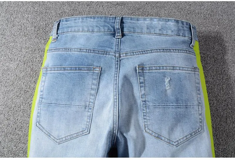 Men's Elastic Ripped Jeans With Color Stripes