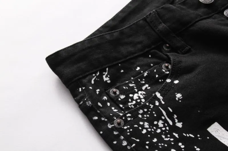 Men's Printed Ripped Jeans With Buttons