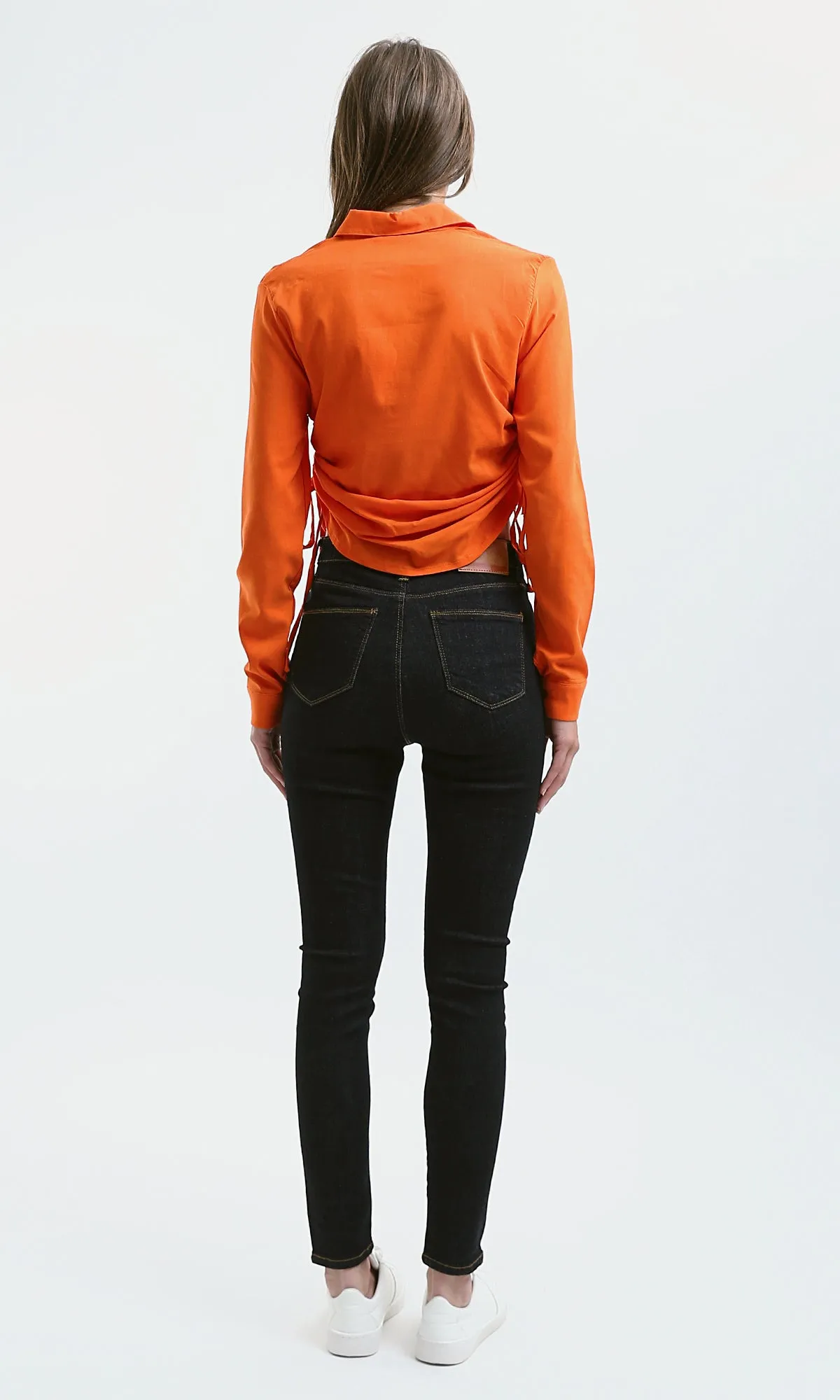 O179843 Long Sleeves Hot Orange Solid Short Shirt