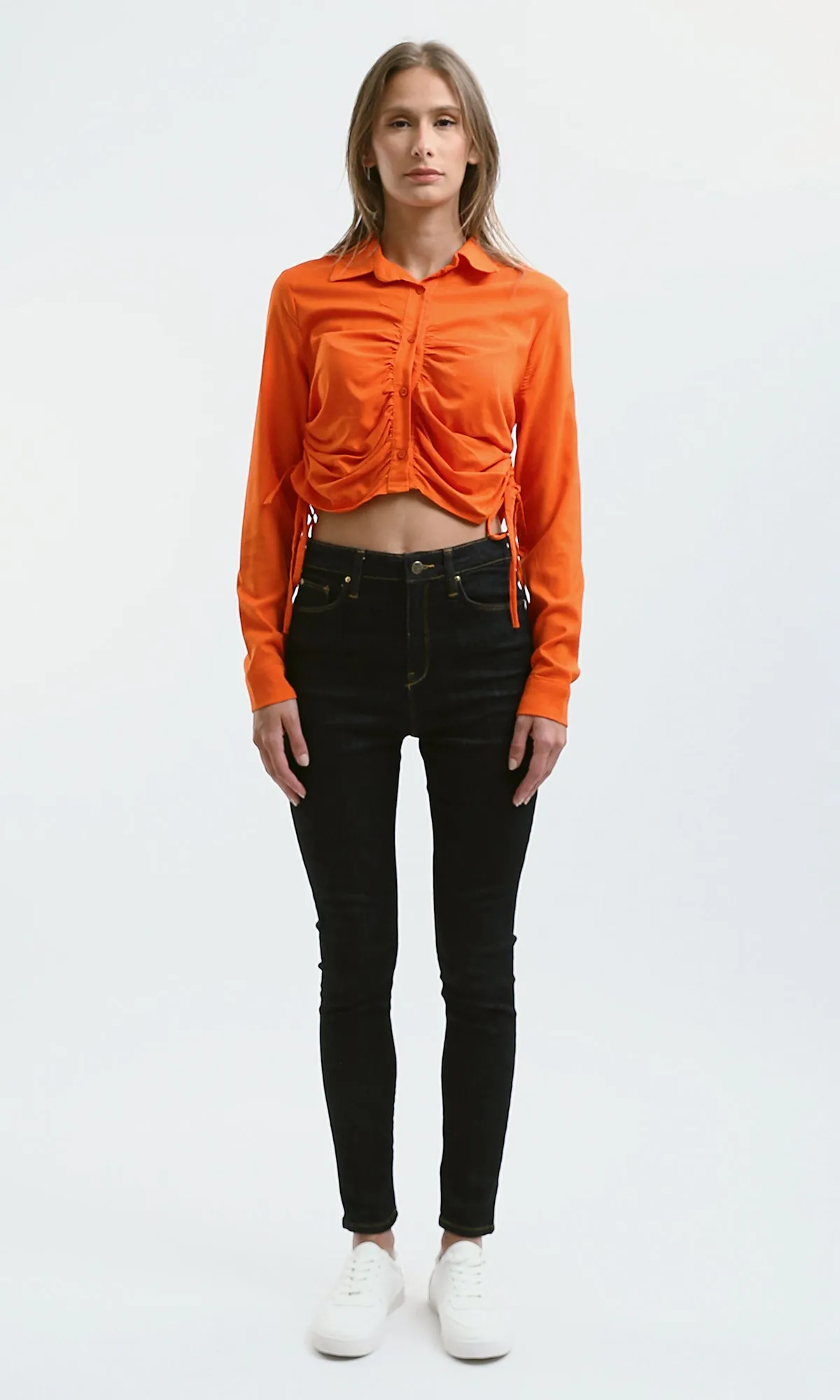 O179843 Long Sleeves Hot Orange Solid Short Shirt