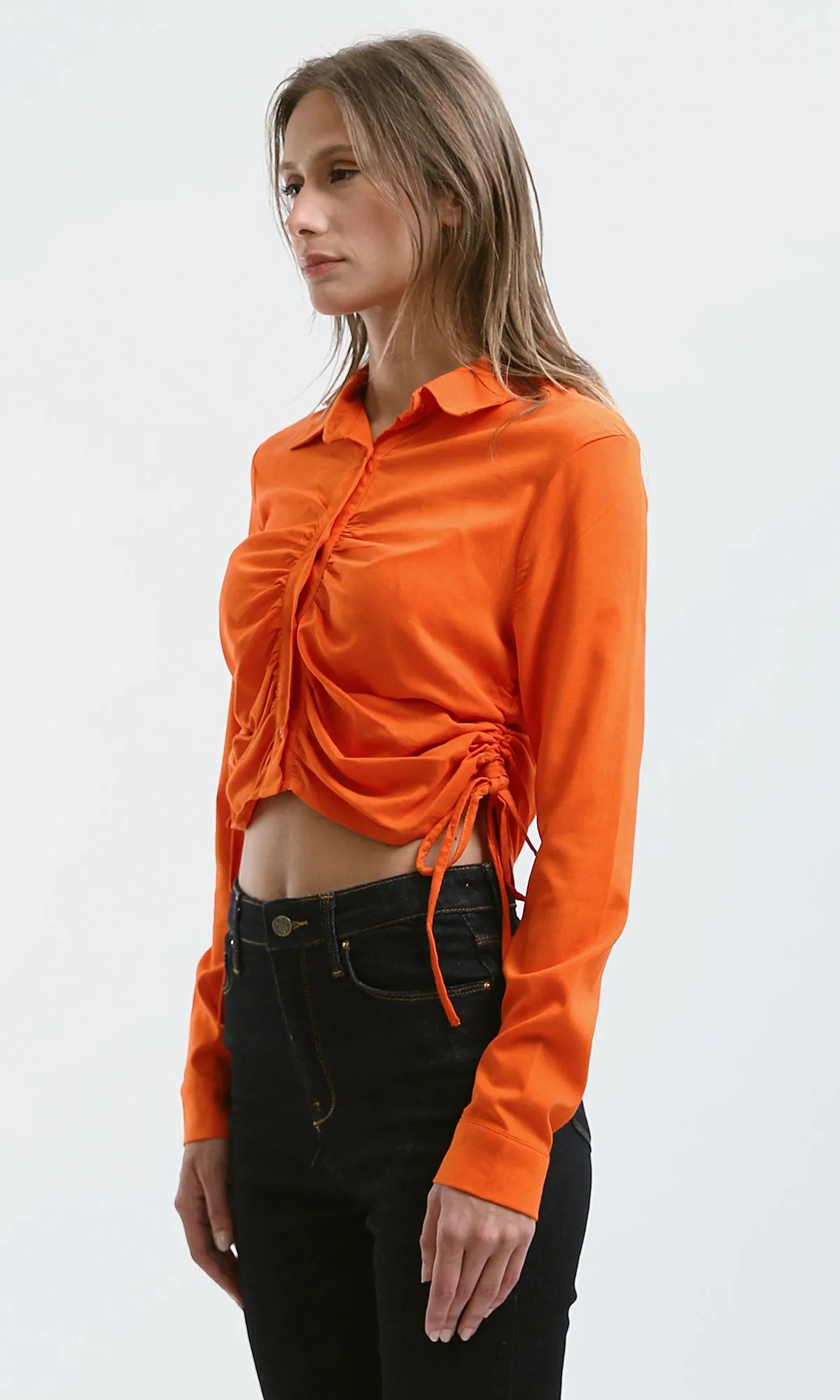 O179843 Long Sleeves Hot Orange Solid Short Shirt
