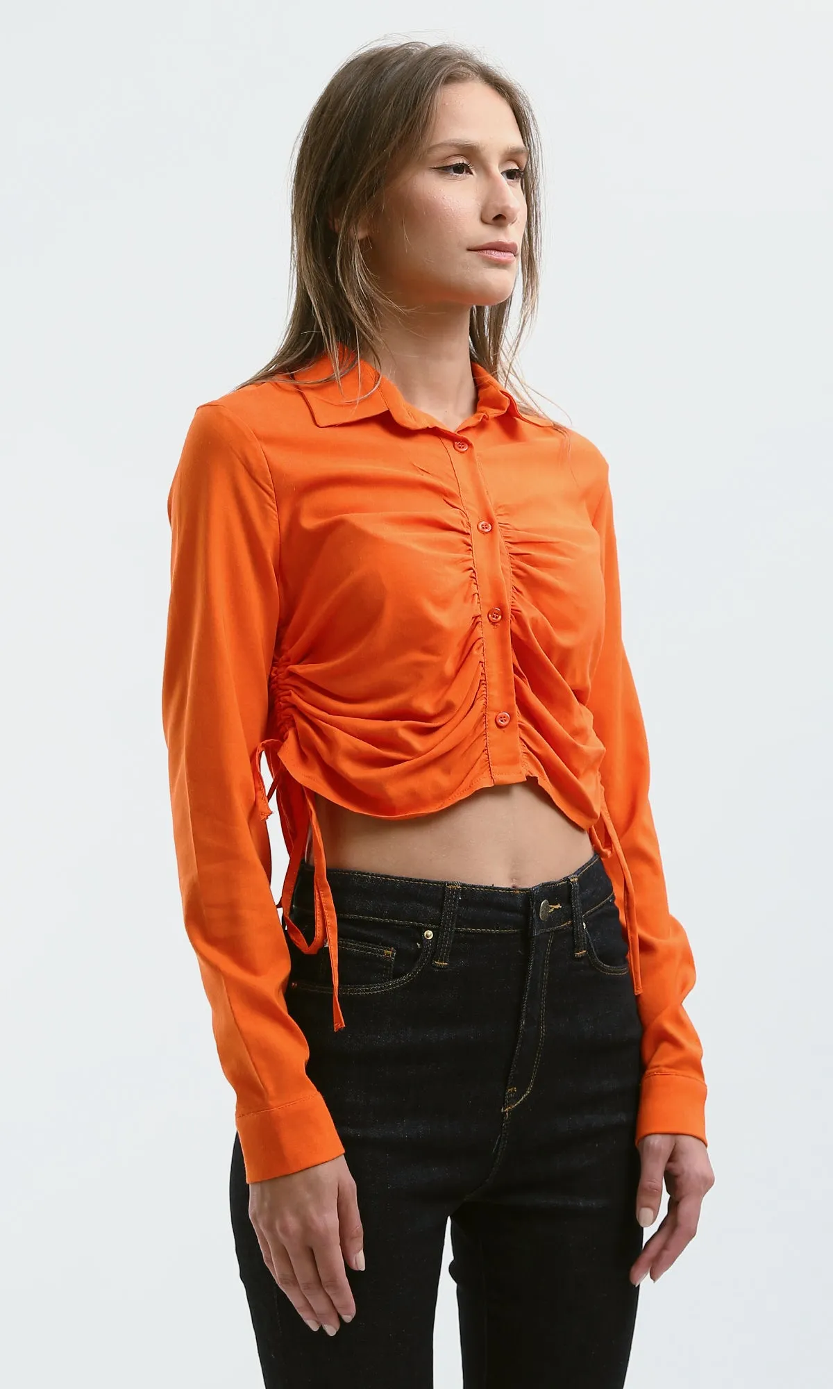 O179843 Long Sleeves Hot Orange Solid Short Shirt