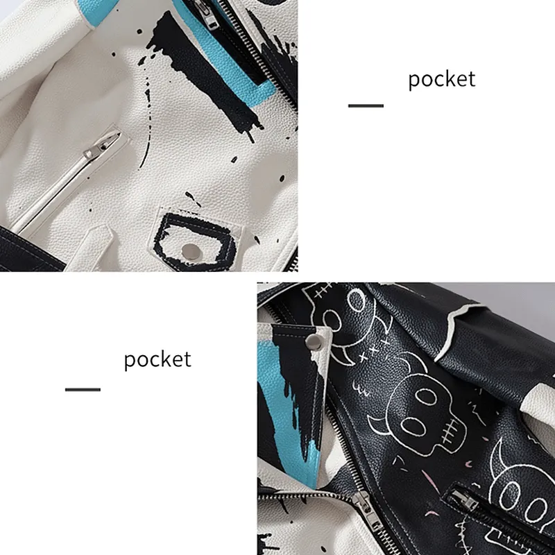 Punk Rock PU Leather Jacket for Women / Short Slim Graffiti Print Jackets