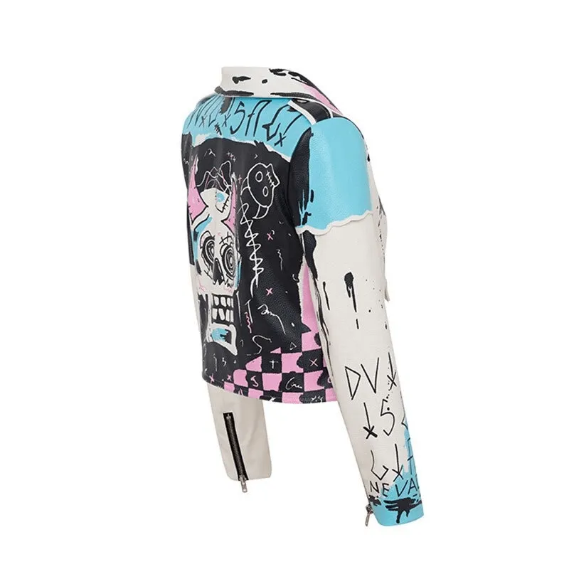Punk Rock PU Leather Jacket for Women / Short Slim Graffiti Print Jackets
