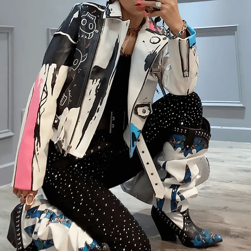 Punk Rock PU Leather Jacket for Women / Short Slim Graffiti Print Jackets