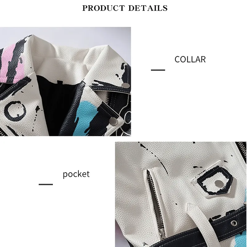 Punk Rock PU Leather Jacket for Women / Short Slim Graffiti Print Jackets
