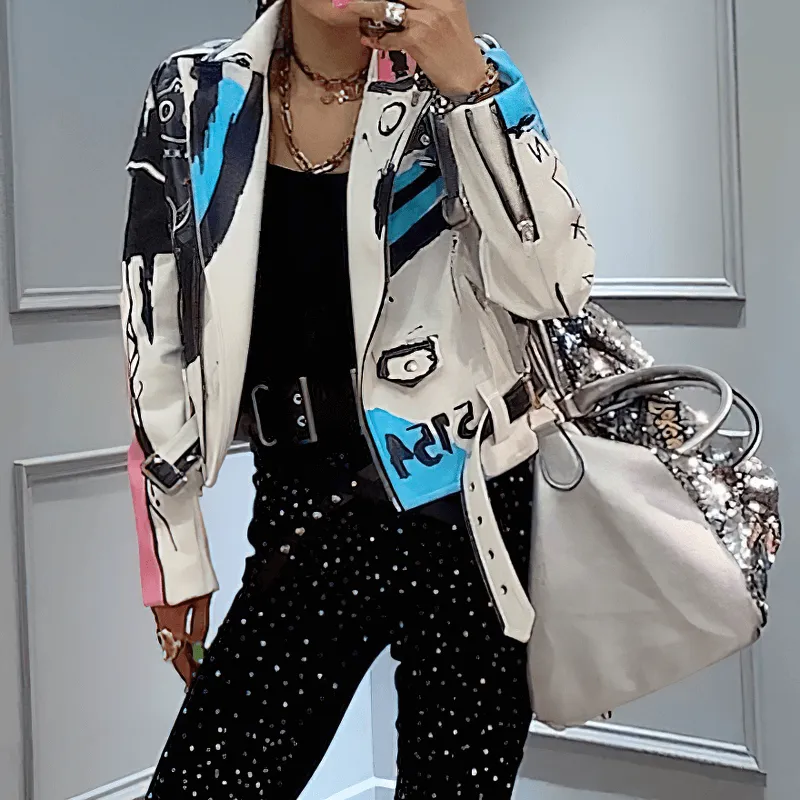 Punk Rock PU Leather Jacket for Women / Short Slim Graffiti Print Jackets