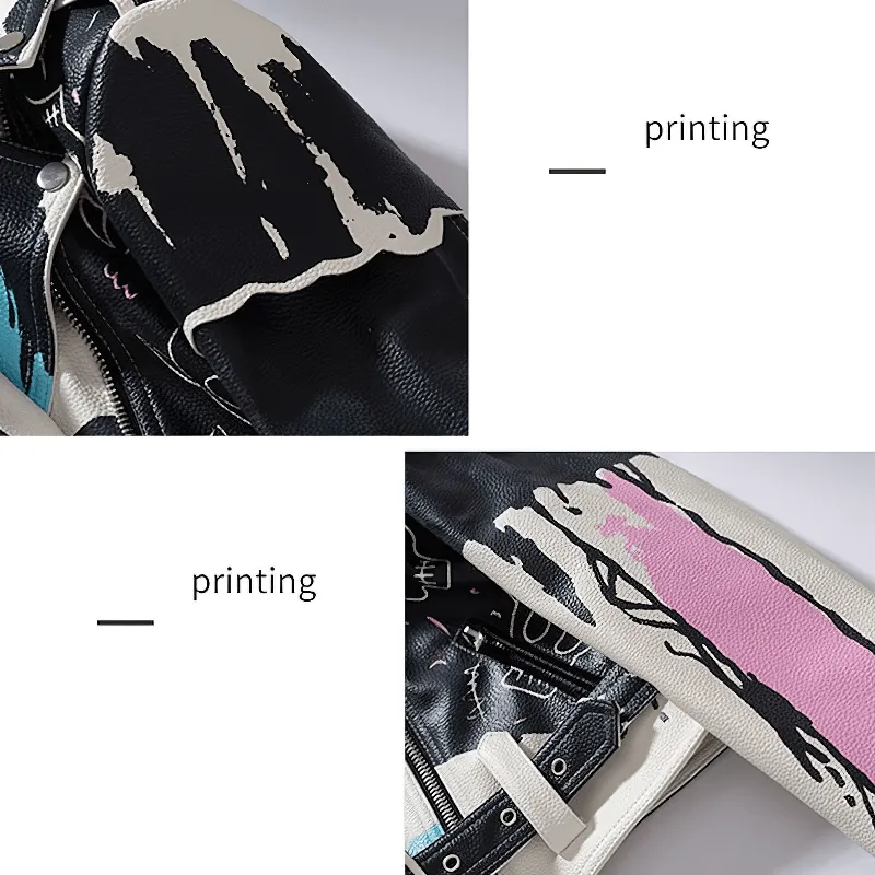 Punk Rock PU Leather Jacket for Women / Short Slim Graffiti Print Jackets