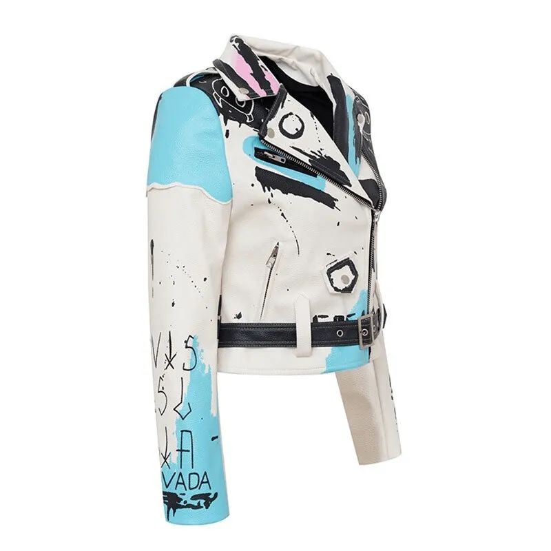 Punk Rock PU Leather Jacket for Women / Short Slim Graffiti Print Jackets