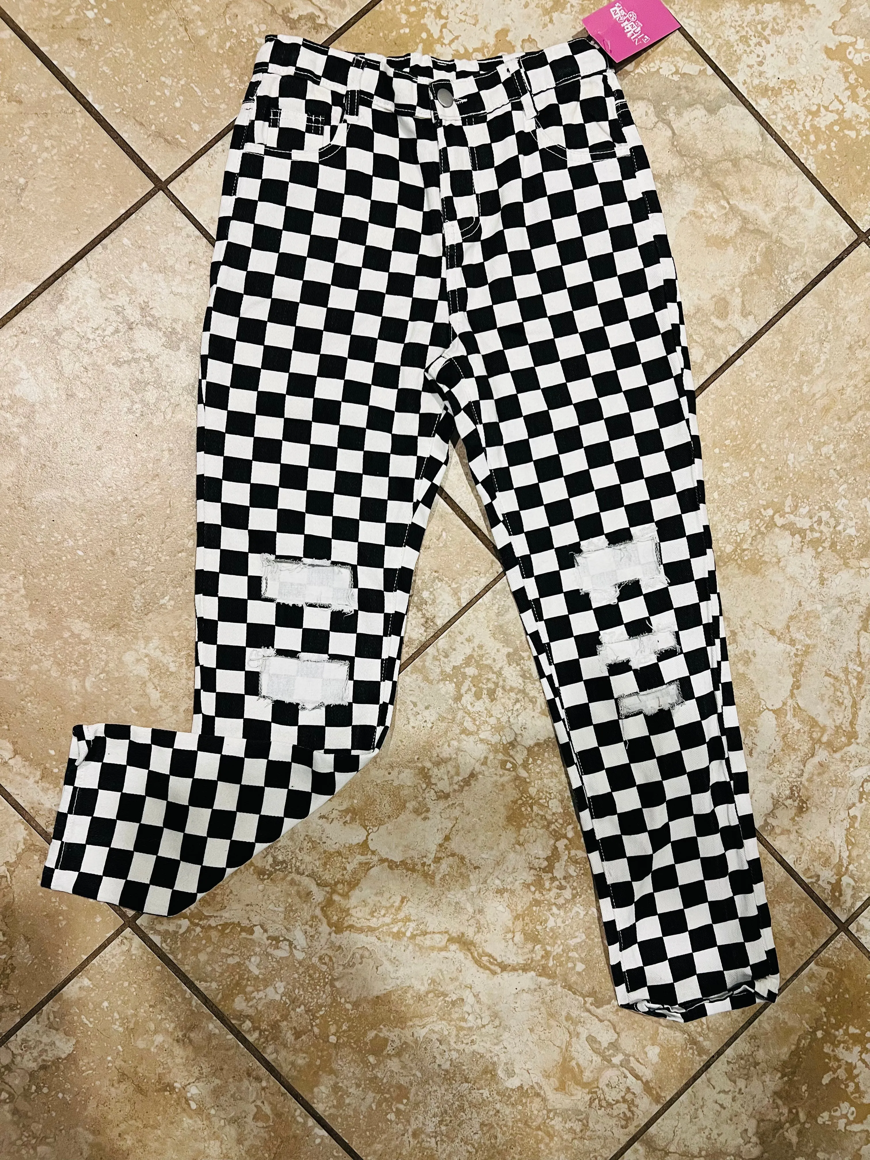 Ripped Checker Jeans