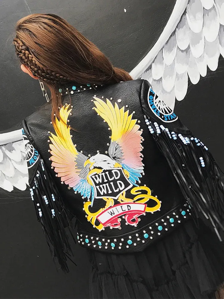 Rivet beading leather jacket Locomotive graffiti cartoon pu Leather Jacket female Punk tassel stitching Motorcyle Jackets F2095