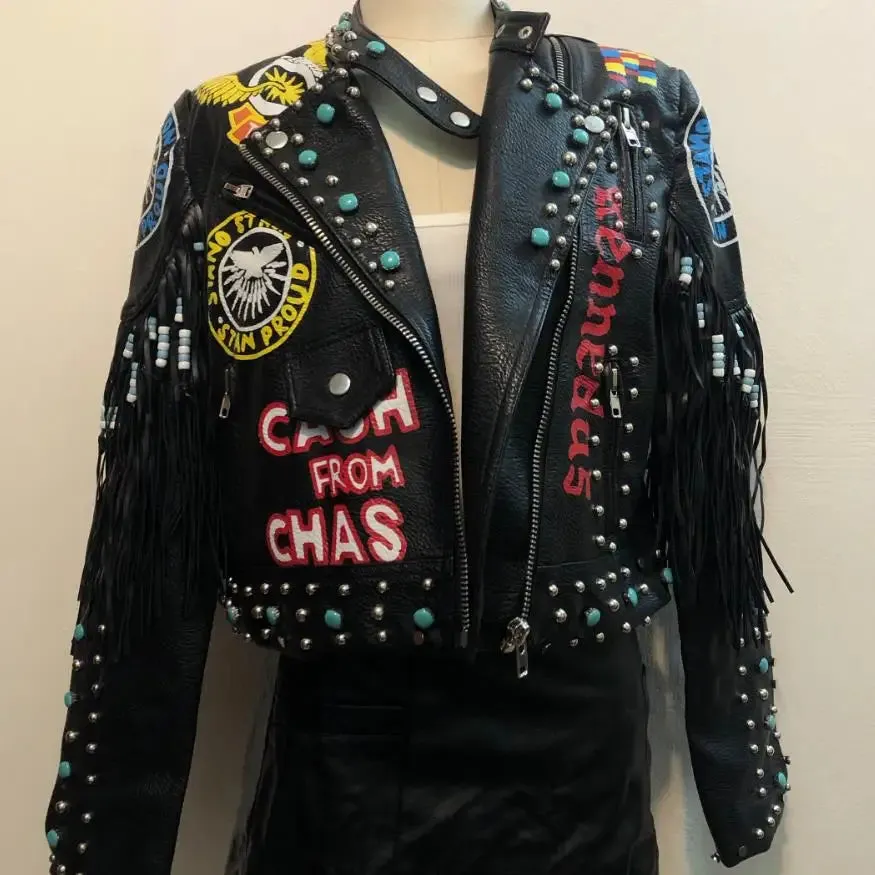 Rivet beading leather jacket Locomotive graffiti cartoon pu Leather Jacket female Punk tassel stitching Motorcyle Jackets F2095