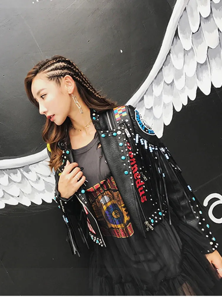 Rivet beading leather jacket Locomotive graffiti cartoon pu Leather Jacket female Punk tassel stitching Motorcyle Jackets F2095