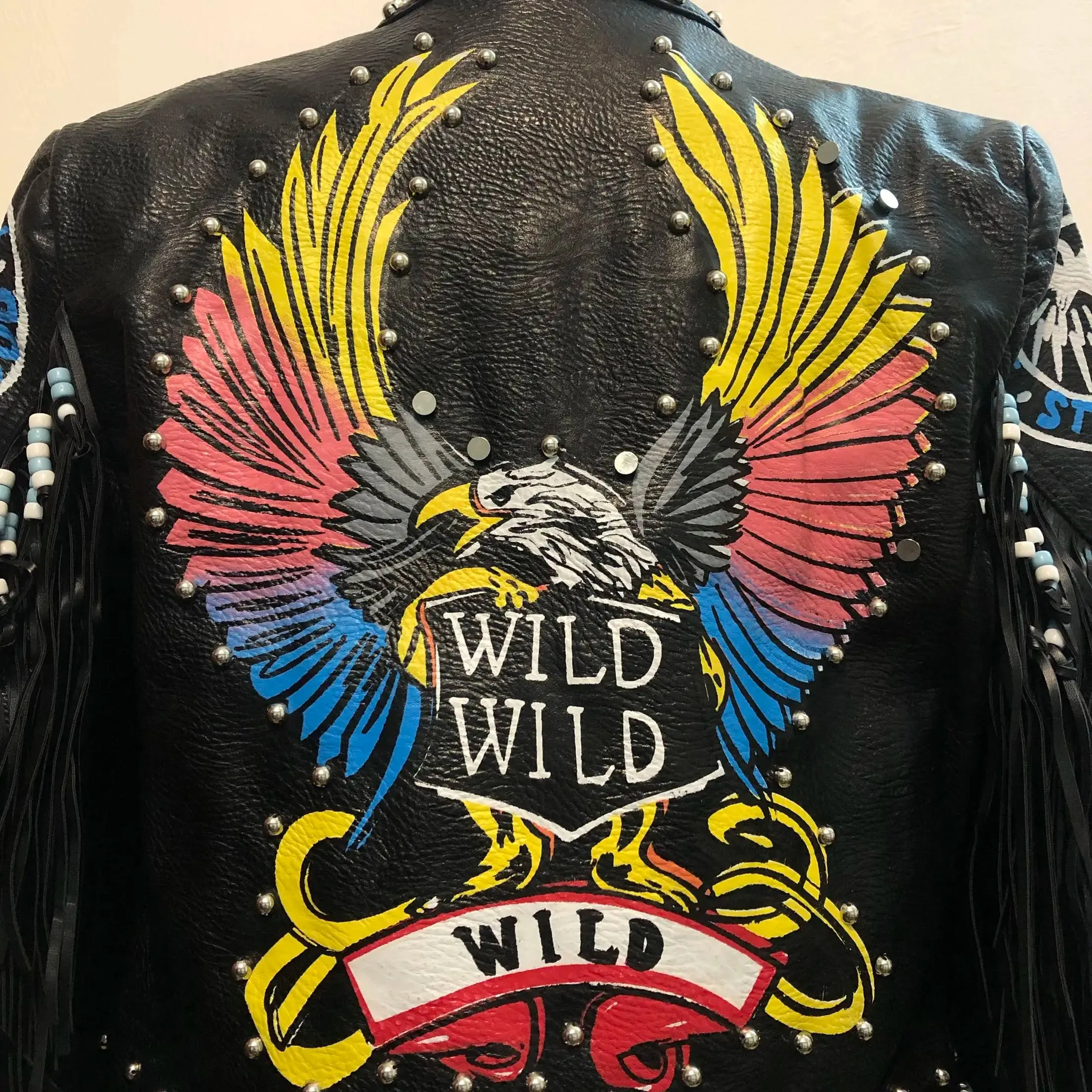 Rivet beading leather jacket Locomotive graffiti cartoon pu Leather Jacket female Punk tassel stitching Motorcyle Jackets F2095