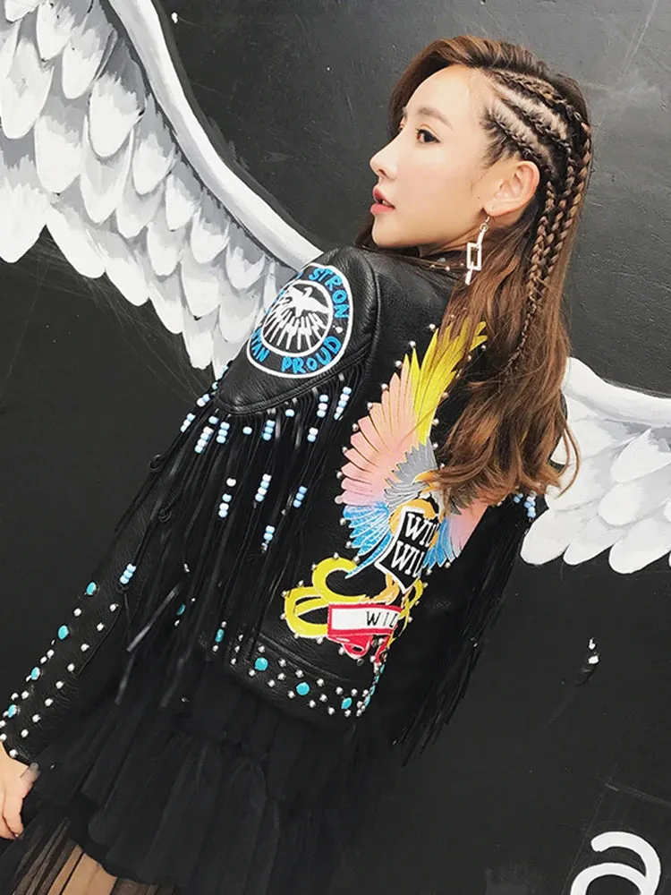 Rivet beading leather jacket Locomotive graffiti cartoon pu Leather Jacket female Punk tassel stitching Motorcyle Jackets F2095