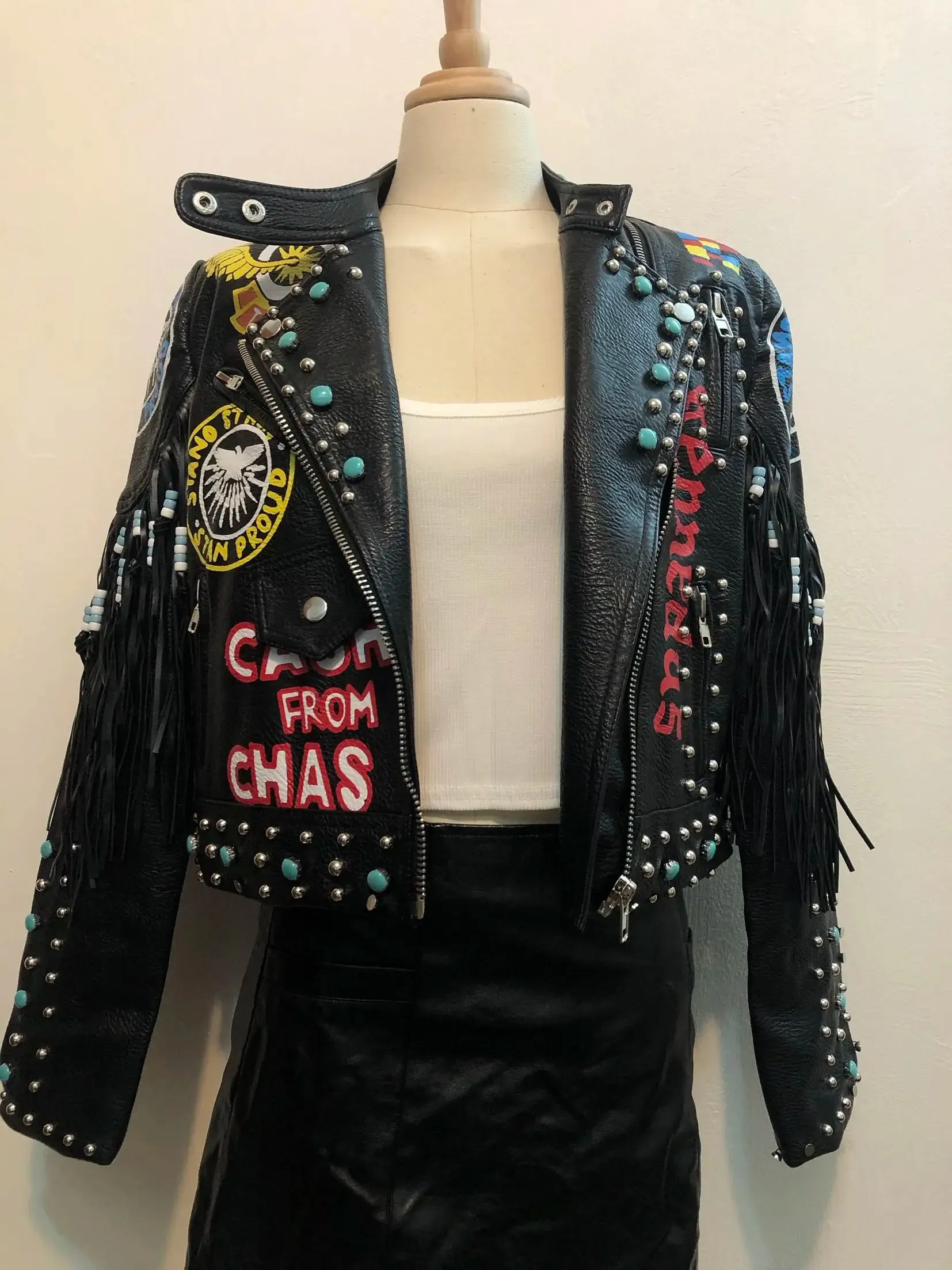 Rivet beading leather jacket Locomotive graffiti cartoon pu Leather Jacket female Punk tassel stitching Motorcyle Jackets F2095