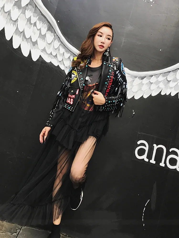 Rivet beading leather jacket Locomotive graffiti cartoon pu Leather Jacket female Punk tassel stitching Motorcyle Jackets F2095