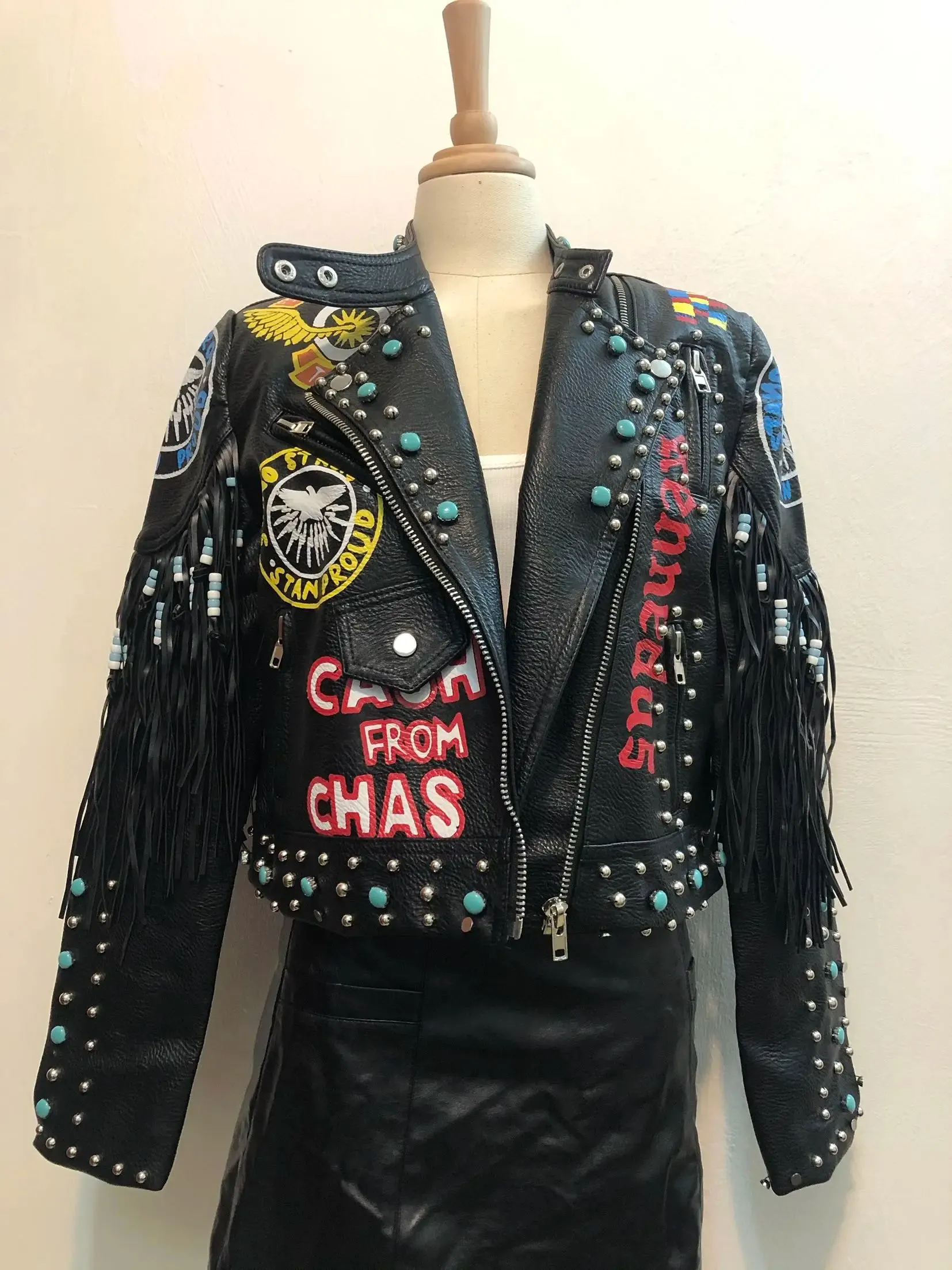 Rivet beading leather jacket Locomotive graffiti cartoon pu Leather Jacket female Punk tassel stitching Motorcyle Jackets F2095