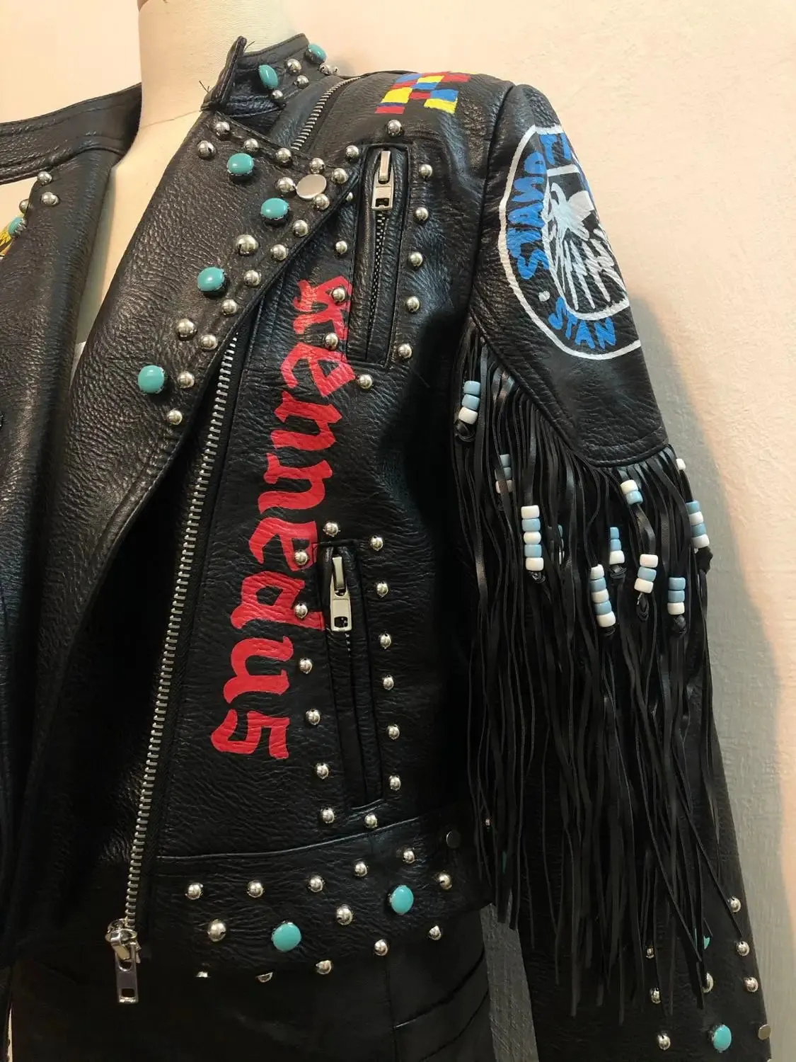 Rivet beading leather jacket Locomotive graffiti cartoon pu Leather Jacket female Punk tassel stitching Motorcyle Jackets F2095