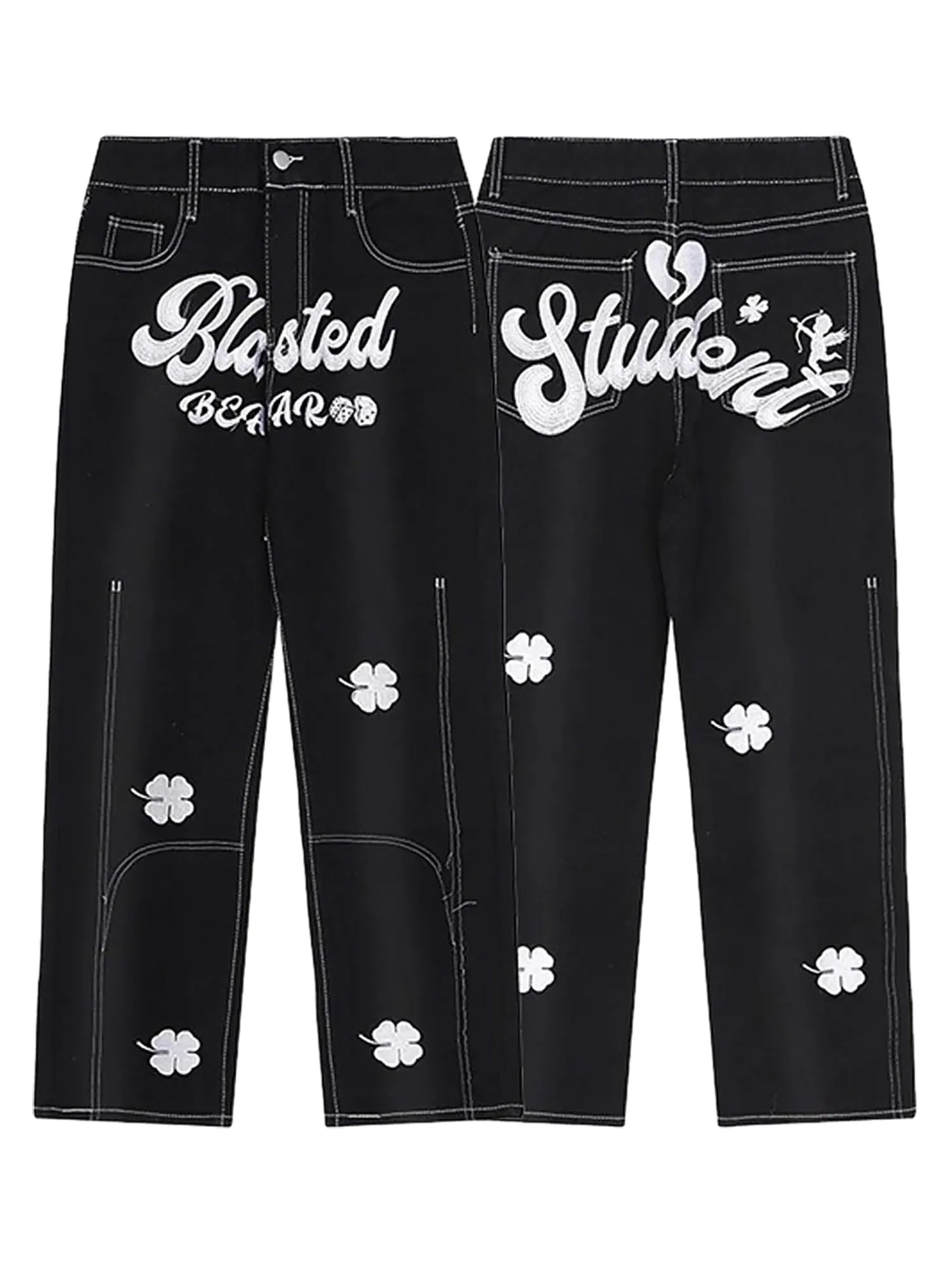 Sneakerhill Letter Lucky Clover Embroidered Baggy Jeans - 1162