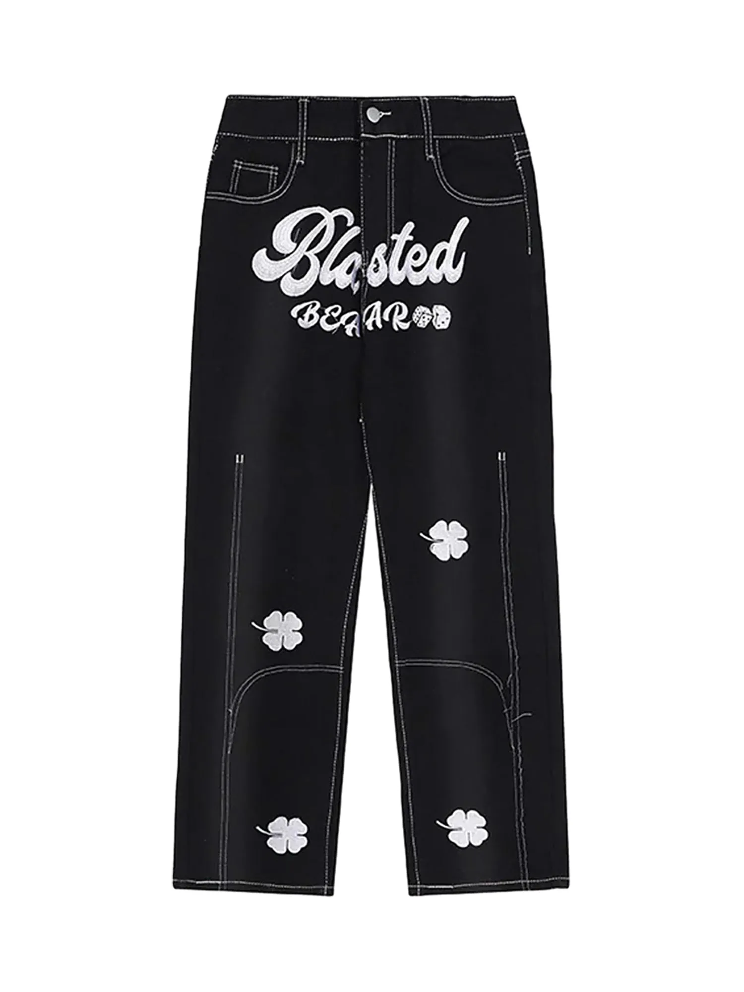 Sneakerhill Letter Lucky Clover Embroidered Baggy Jeans - 1162