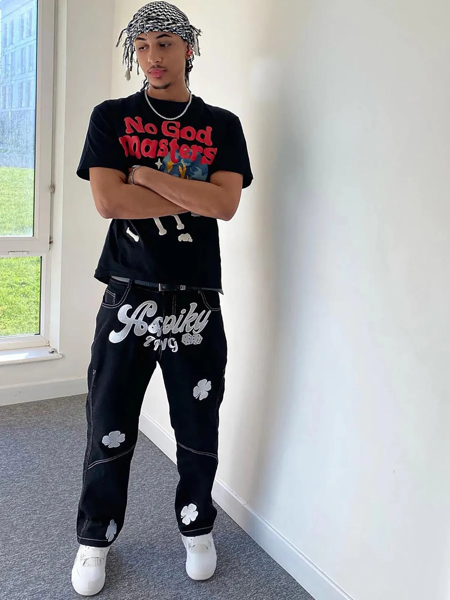 Sneakerhill Letter Lucky Clover Embroidered Baggy Jeans - 1162