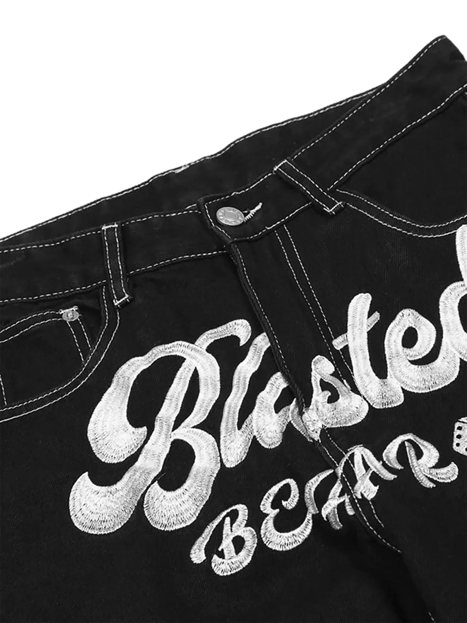 Sneakerhill Letter Lucky Clover Embroidered Baggy Jeans - 1162