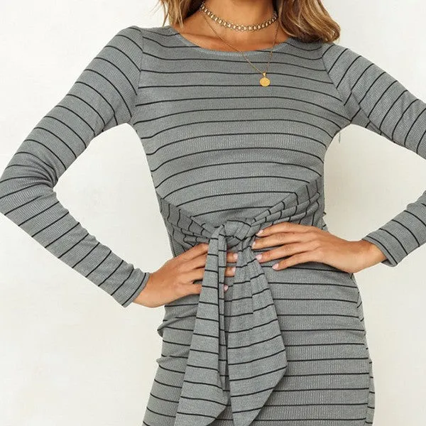Stripe Bandage Long Sleeve Bodycon Dress