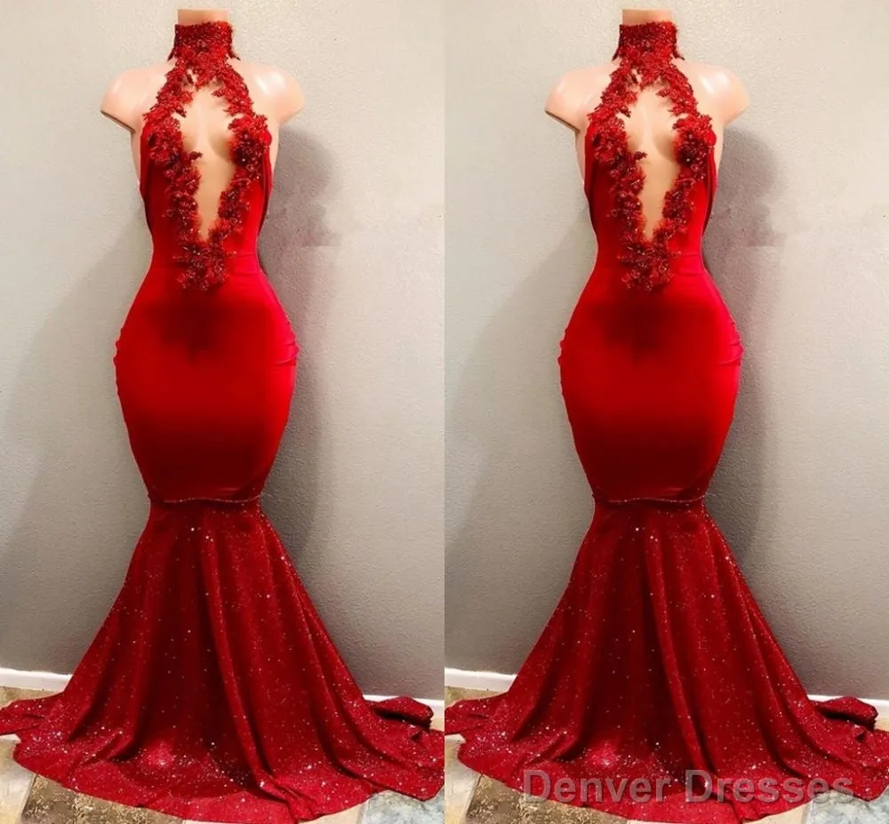 Trendy Mermaid Red Lace High Neck Prom Party Gowns| Red Prom Party Gowns