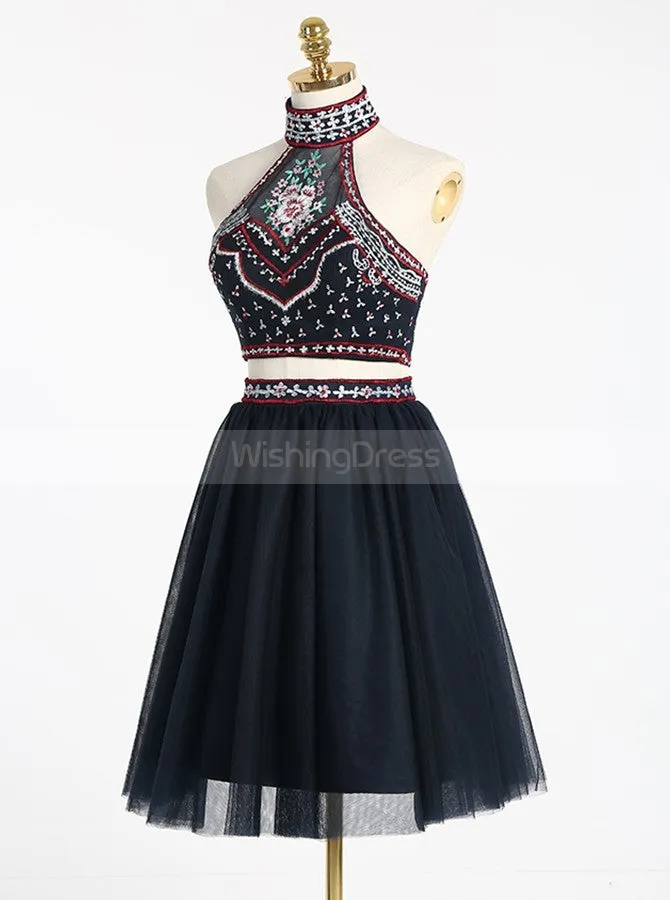 Two Piece Homecoming Dresses,High Neck Homecoming Dress,Black Homecoming Dress,HC00036