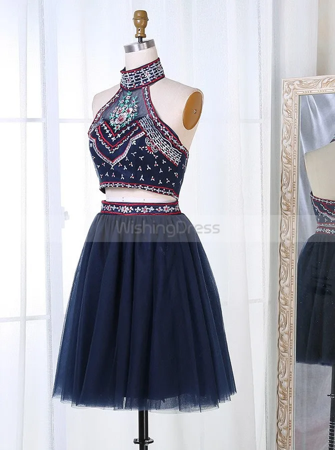 Two Piece Homecoming Dresses,High Neck Homecoming Dress,Black Homecoming Dress,HC00036