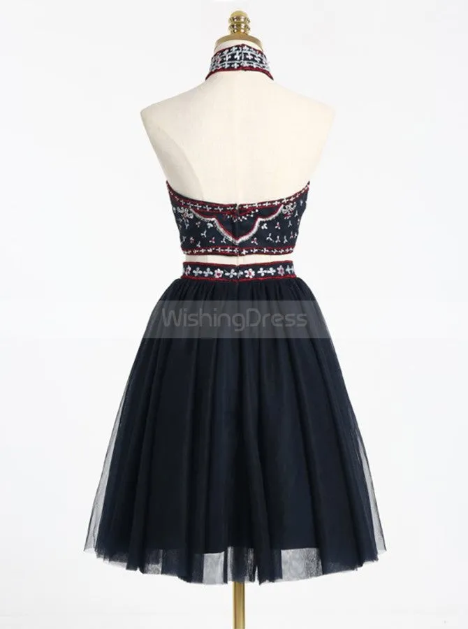Two Piece Homecoming Dresses,High Neck Homecoming Dress,Black Homecoming Dress,HC00036