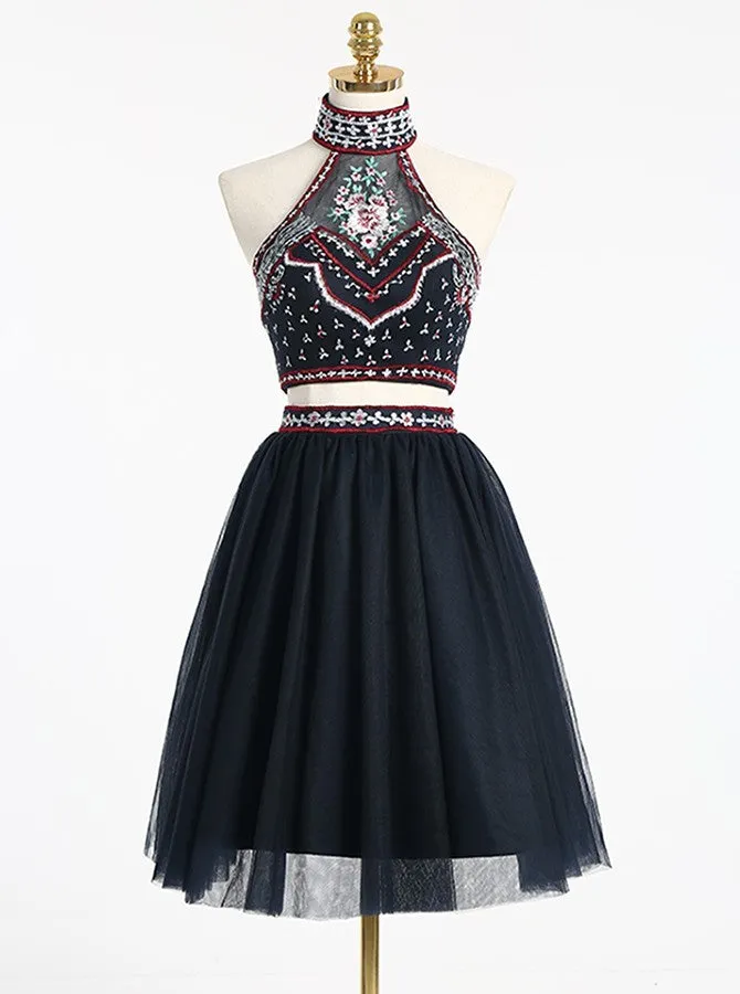 Two Piece Homecoming Dresses,High Neck Homecoming Dress,Black Homecoming Dress,HC00036