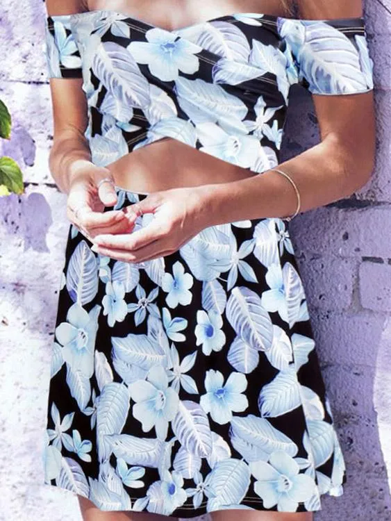 Wholesale Black Off The Shoulder Short Sleeve Floral Print Crossed Front Cut Out Mini Dress
