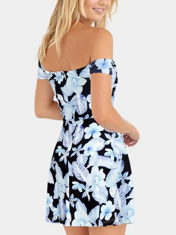 Wholesale Black Off The Shoulder Short Sleeve Floral Print Crossed Front Cut Out Mini Dress