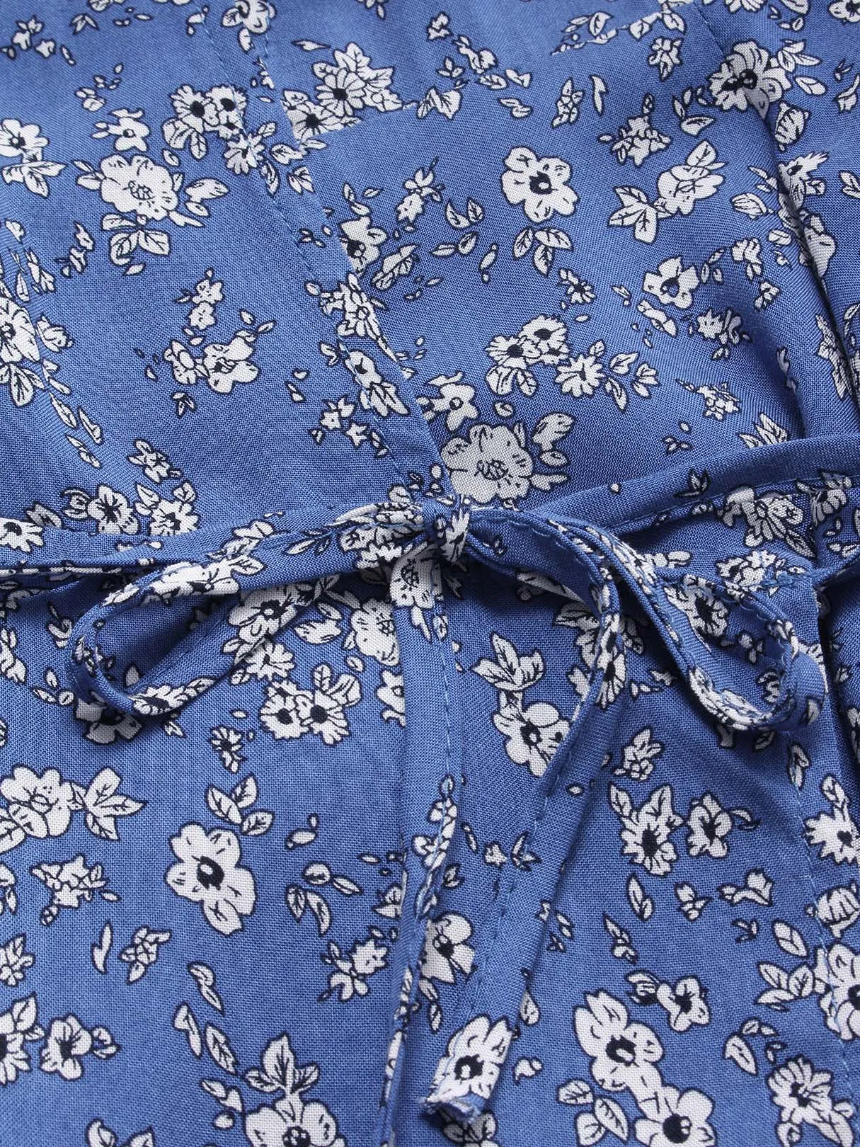 Wholesale Light Blue V-Neck Short Sleeve Floral Print Ruffle Hem Mini Dress