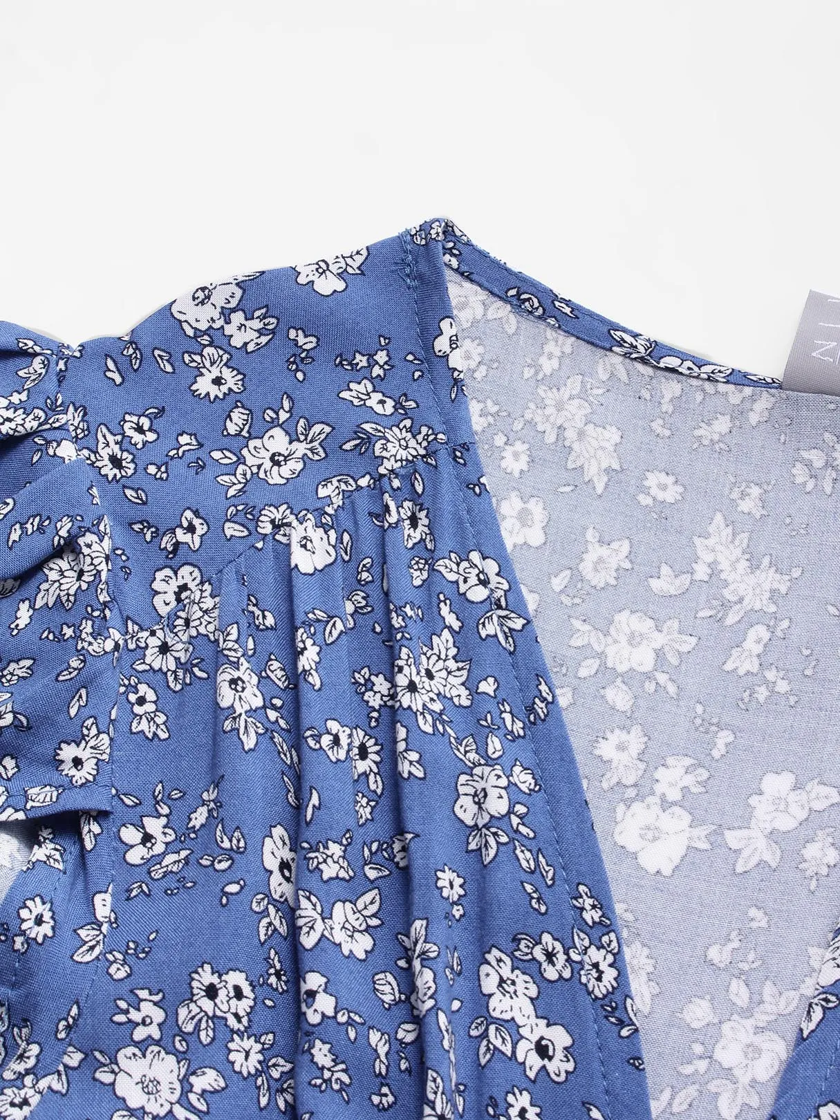 Wholesale Light Blue V-Neck Short Sleeve Floral Print Ruffle Hem Mini Dress