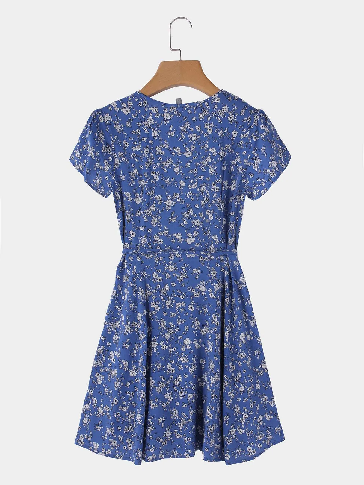 Wholesale Light Blue V-Neck Short Sleeve Floral Print Ruffle Hem Mini Dress