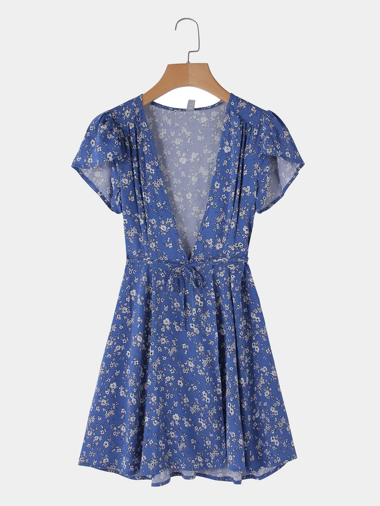 Wholesale Light Blue V-Neck Short Sleeve Floral Print Ruffle Hem Mini Dress
